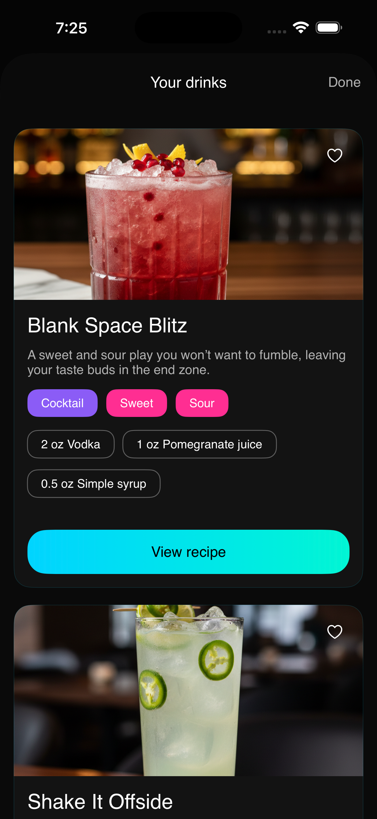 SipEasy Your Drinks List Screen